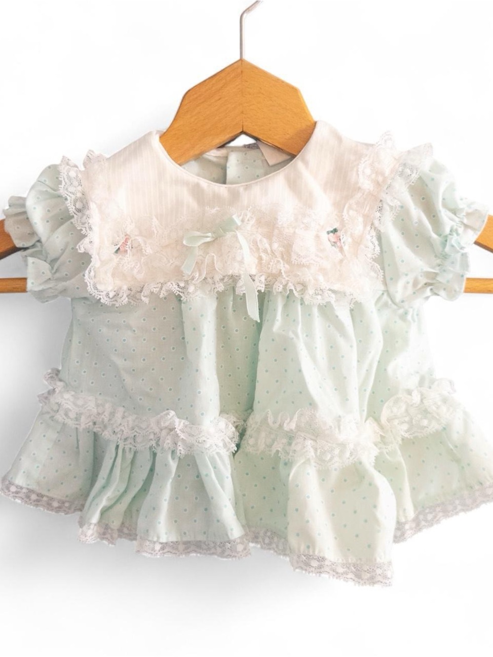 Vintage Cradle Togs Mint Green Polka Dot Baby Dress, Lace Colla